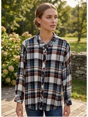 TOOMI Plaid Button Front Shirt, Women’s XL, White Brown Teal